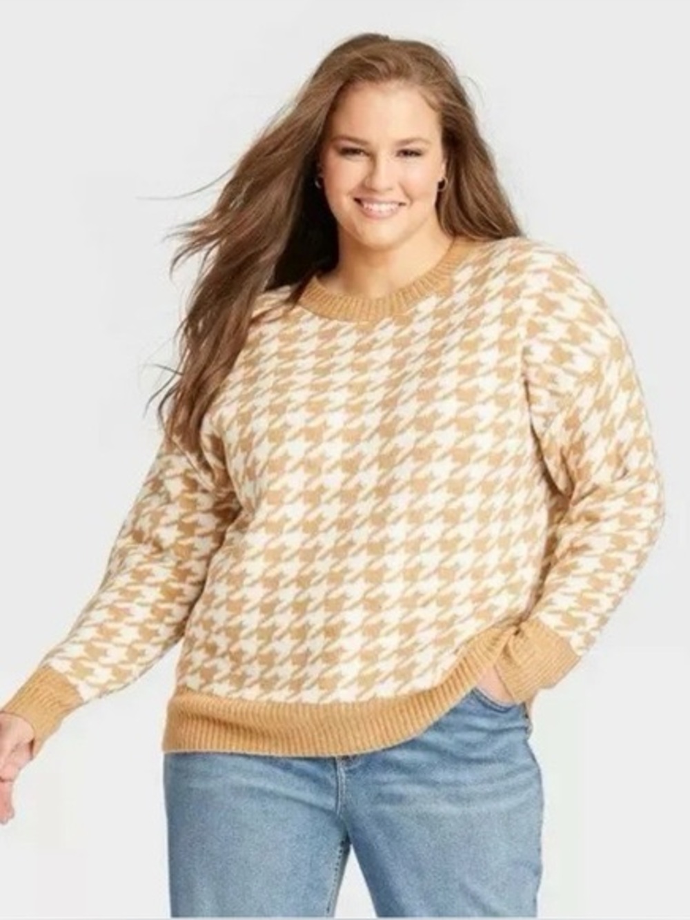 Ava & Viv Camel Cream Houndstooth Sweater Womens 3X Oversized Tunic NWT
